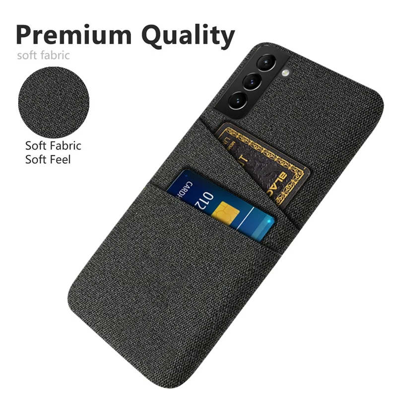 For Samsung Galaxy S21 FE 5G Anti-shock Cloth Coated Hard PC Phone Case Cloth Texture Multifunction Dual Card Slots Cell Phone Back Cover - Black