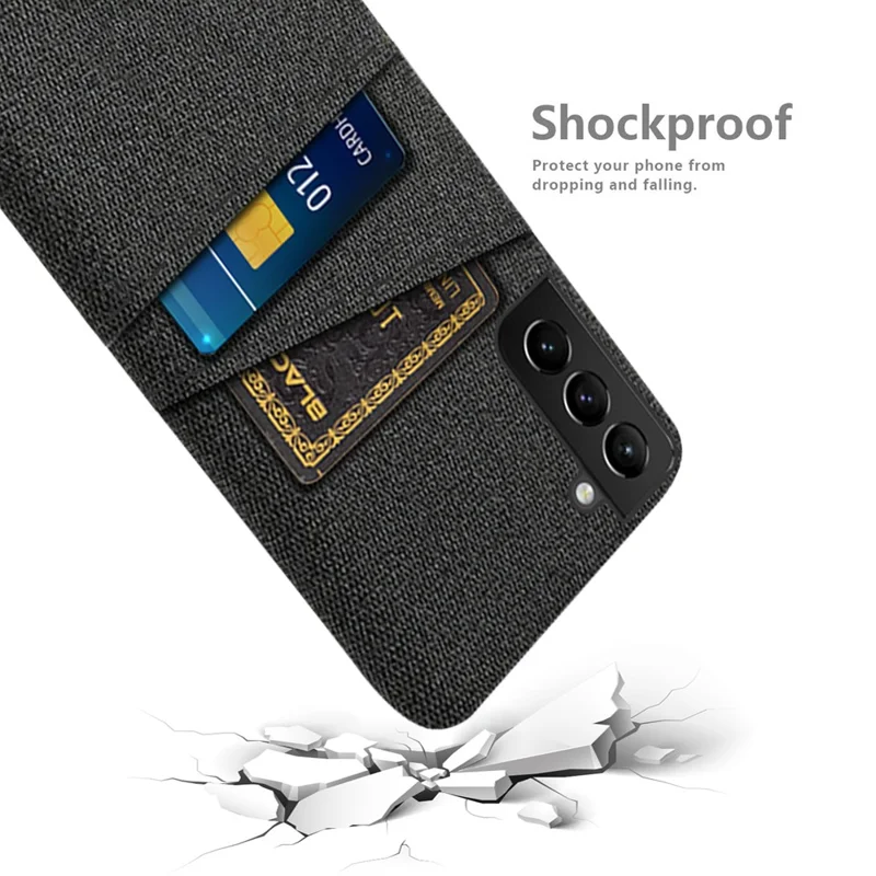 For Samsung Galaxy S21 FE 5G Anti-shock Cloth Coated Hard PC Phone Case Cloth Texture Multifunction Dual Card Slots Cell Phone Back Cover - Black