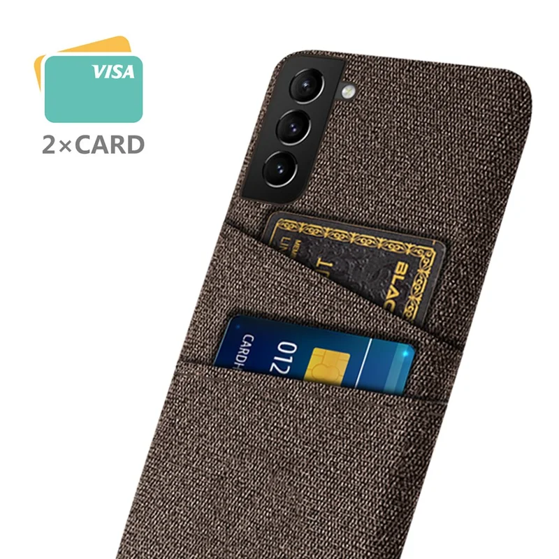 For Samsung Galaxy S22 5G Smartphone Case Cloth Texture Multifunction Dual Card Slots Cloth + PC Phone Back Cover - Brown