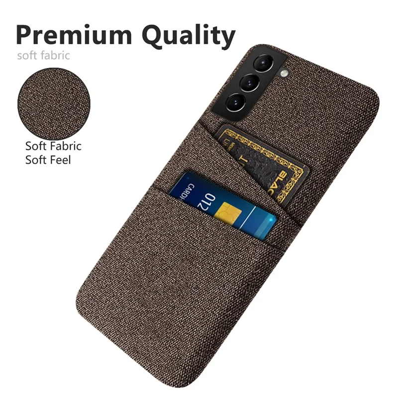 For Samsung Galaxy S22 5G Smartphone Case Cloth Texture Multifunction Dual Card Slots Cloth + PC Phone Back Cover - Brown