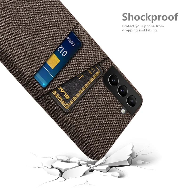 For Samsung Galaxy S22 5G Smartphone Case Cloth Texture Multifunction Dual Card Slots Cloth + PC Phone Back Cover - Brown