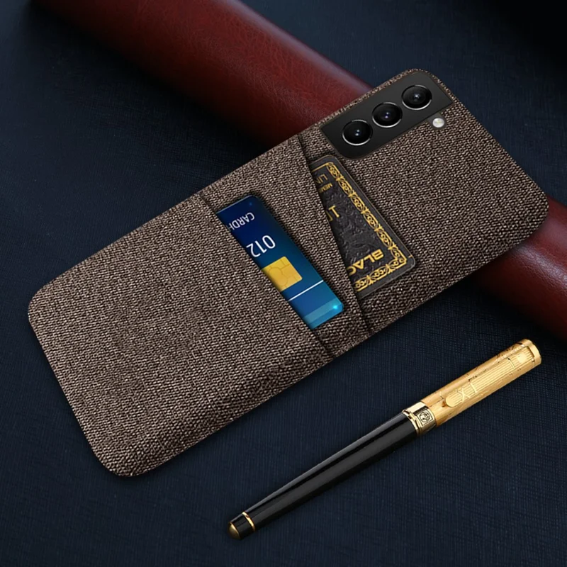 For Samsung Galaxy S22 5G Smartphone Case Cloth Texture Multifunction Dual Card Slots Cloth + PC Phone Back Cover - Brown