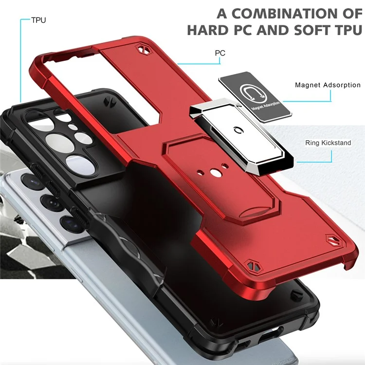 Para Samsung Galaxy S21 Ultra 5G Protección Con Todo Incluido Hybrid Hard PC Soft TPU Case de Teléfonos Inteligentes Con Papel de Patada de Anillo Giratorio - Azul