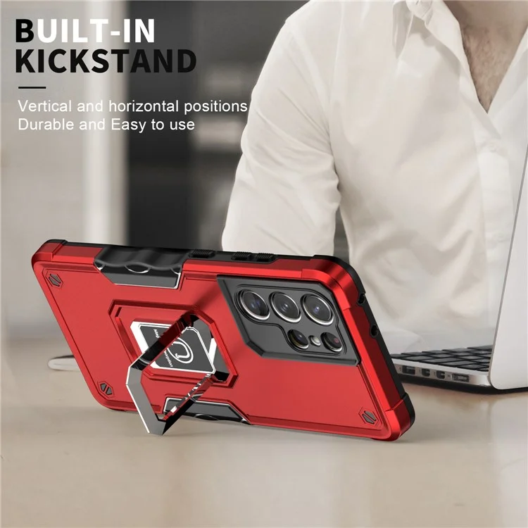 Para Samsung Galaxy S21 Ultra 5G Protección Con Todo Incluido Hybrid Hard PC Soft TPU Case de Teléfonos Inteligentes Con Papel de Patada de Anillo Giratorio - Azul