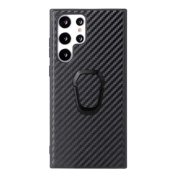 For Samsung Galaxy S22 Ultra 5G Ring Kickstand Anti-fingerprint PU Leather Coated TPU + PC Phone Case Car Mount Holder Shell - Carbon Fiber Texture