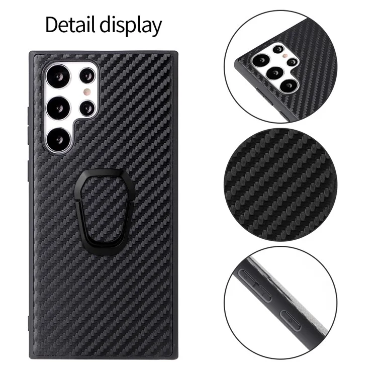 For Samsung Galaxy S22 Ultra 5G Ring Kickstand Anti-fingerprint PU Leather Coated TPU + PC Phone Case Car Mount Holder Shell - Carbon Fiber Texture
