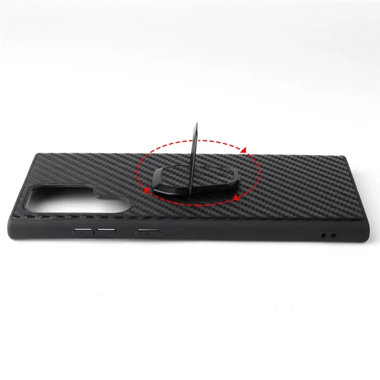 For Samsung Galaxy S22 Ultra 5G Ring Kickstand Anti-fingerprint PU Leather Coated TPU + PC Phone Case Car Mount Holder Shell - Carbon Fiber Texture