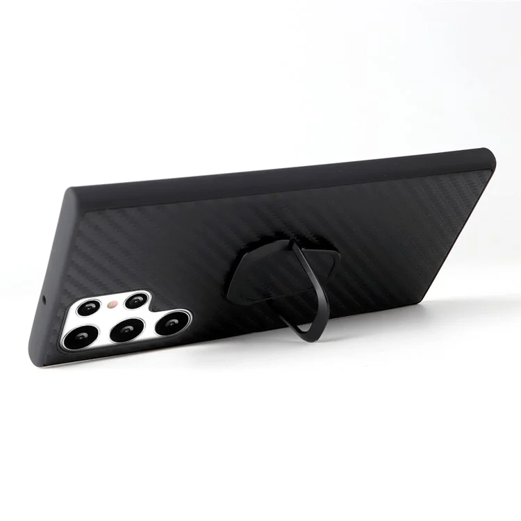 For Samsung Galaxy S22 Ultra 5G Ring Kickstand Anti-fingerprint PU Leather Coated TPU + PC Phone Case Car Mount Holder Shell - Carbon Fiber Texture