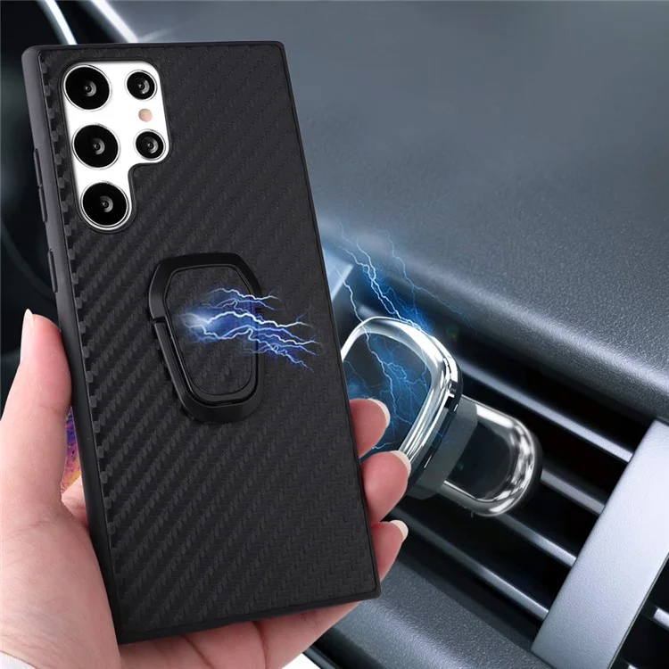 For Samsung Galaxy S22 Ultra 5G Ring Kickstand Anti-fingerprint PU Leather Coated TPU + PC Phone Case Car Mount Holder Shell - Carbon Fiber Texture