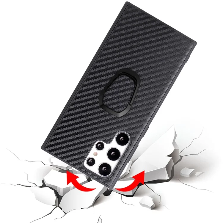 For Samsung Galaxy S22 Ultra 5G Ring Kickstand Anti-fingerprint PU Leather Coated TPU + PC Phone Case Car Mount Holder Shell - Carbon Fiber Texture