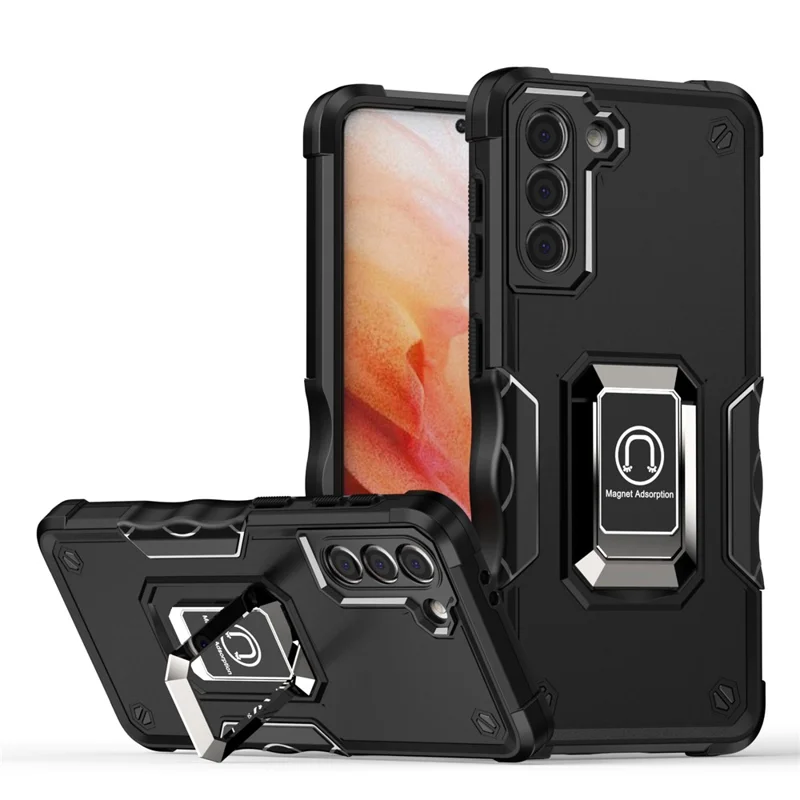 For Samsung Galaxy S21 4G/5G Non-slip Side Design Hard PC Soft TPU Hybrid Smartphone Case with Rotating Ring Kickstand - Black