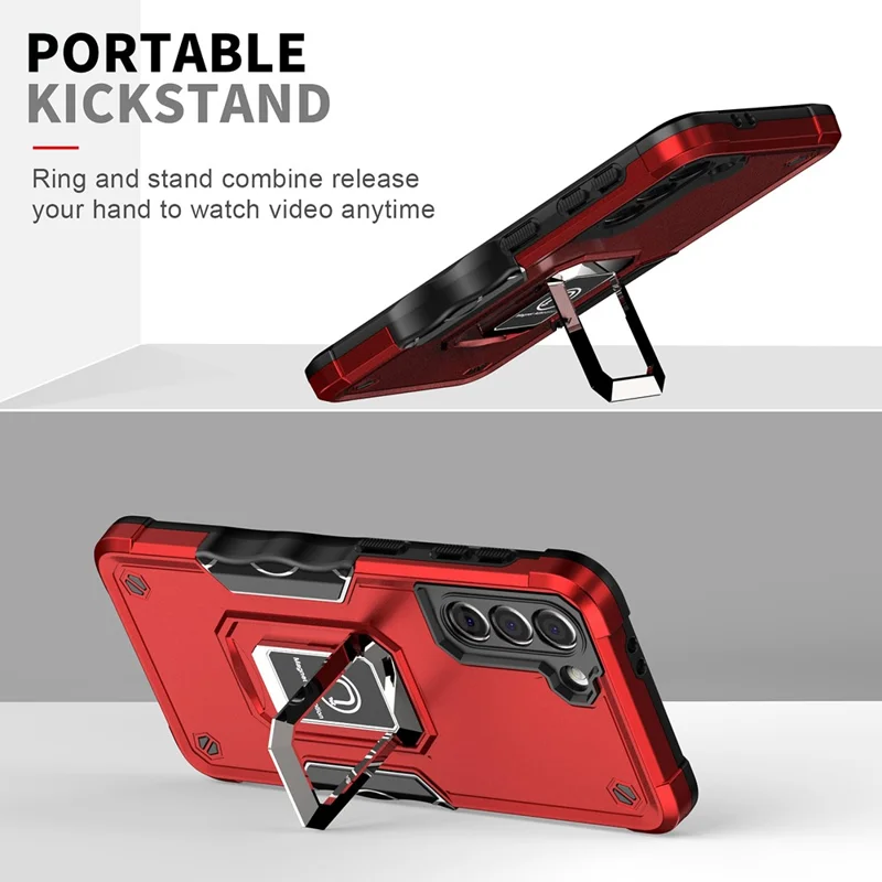 For Samsung Galaxy S21 4G/5G Non-slip Side Design Hard PC Soft TPU Hybrid Smartphone Case with Rotating Ring Kickstand - Black