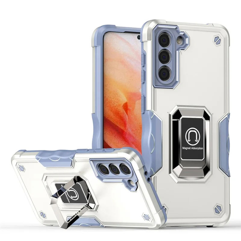 For Samsung Galaxy S21 4G/5G Non-slip Side Design Hard PC Soft TPU Hybrid Smartphone Case with Rotating Ring Kickstand - White