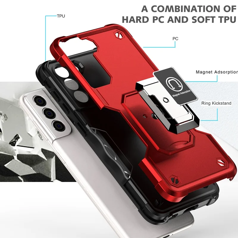 For Samsung Galaxy S21 4G/5G Non-slip Side Design Hard PC Soft TPU Hybrid Smartphone Case with Rotating Ring Kickstand - White