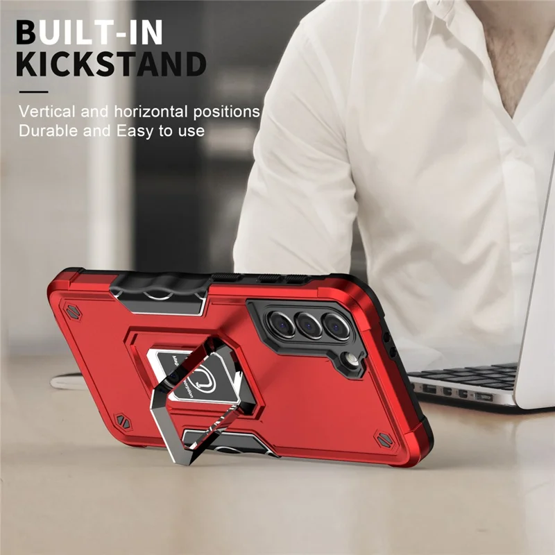 For Samsung Galaxy S21 4G/5G Non-slip Side Design Hard PC Soft TPU Hybrid Smartphone Case with Rotating Ring Kickstand - White