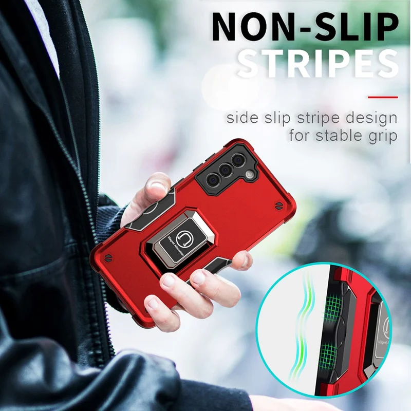 For Samsung Galaxy S21 4G/5G Non-slip Side Design Hard PC Soft TPU Hybrid Smartphone Case with Rotating Ring Kickstand - White