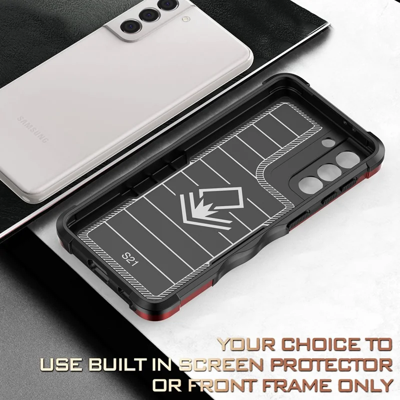 For Samsung Galaxy S21 4G/5G Non-slip Side Design Hard PC Soft TPU Hybrid Smartphone Case with Rotating Ring Kickstand - White