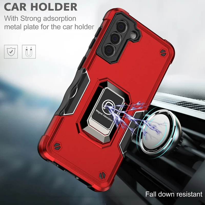 For Samsung Galaxy S21 4G/5G Non-slip Side Design Hard PC Soft TPU Hybrid Smartphone Case with Rotating Ring Kickstand - White