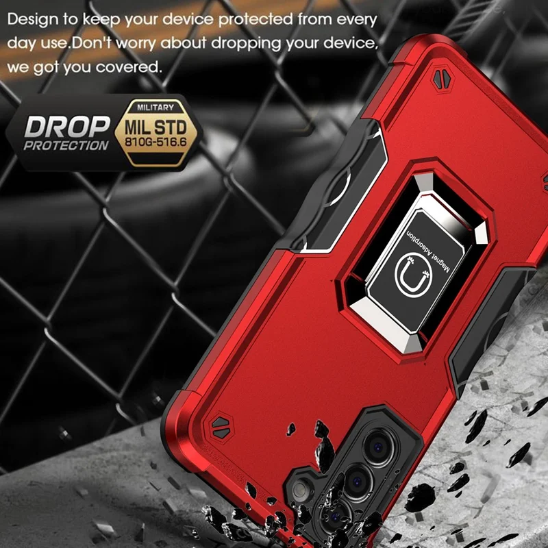 For Samsung Galaxy S21 4G/5G Non-slip Side Design Hard PC Soft TPU Hybrid Smartphone Case with Rotating Ring Kickstand - White