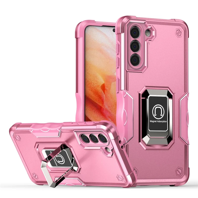 For Samsung Galaxy S21 4G/5G Non-slip Side Design Hard PC Soft TPU Hybrid Smartphone Case with Rotating Ring Kickstand - Pink