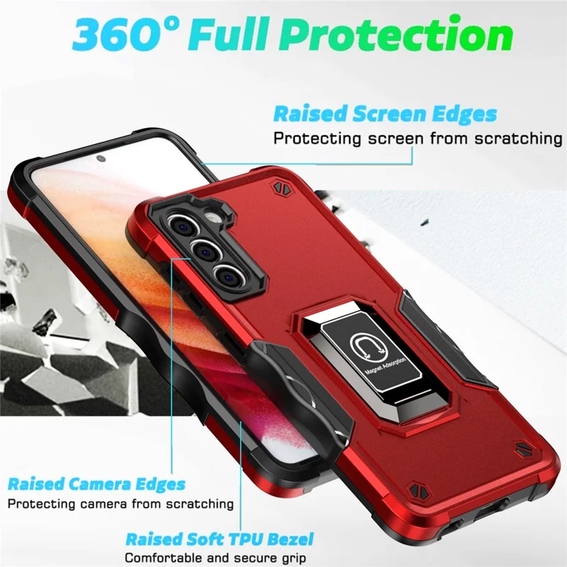 For Samsung Galaxy S21 4G/5G Non-slip Side Design Hard PC Soft TPU Hybrid Smartphone Case with Rotating Ring Kickstand - Pink
