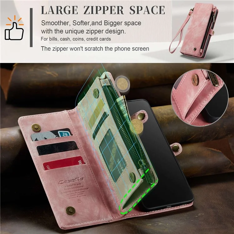 CASEME 008 Series for Samsung Galaxy S22+ 5G PU Leather Detachable 2-in-1 Phone Case Shockproof Anti-fall Wallet Stand Shell - Pink