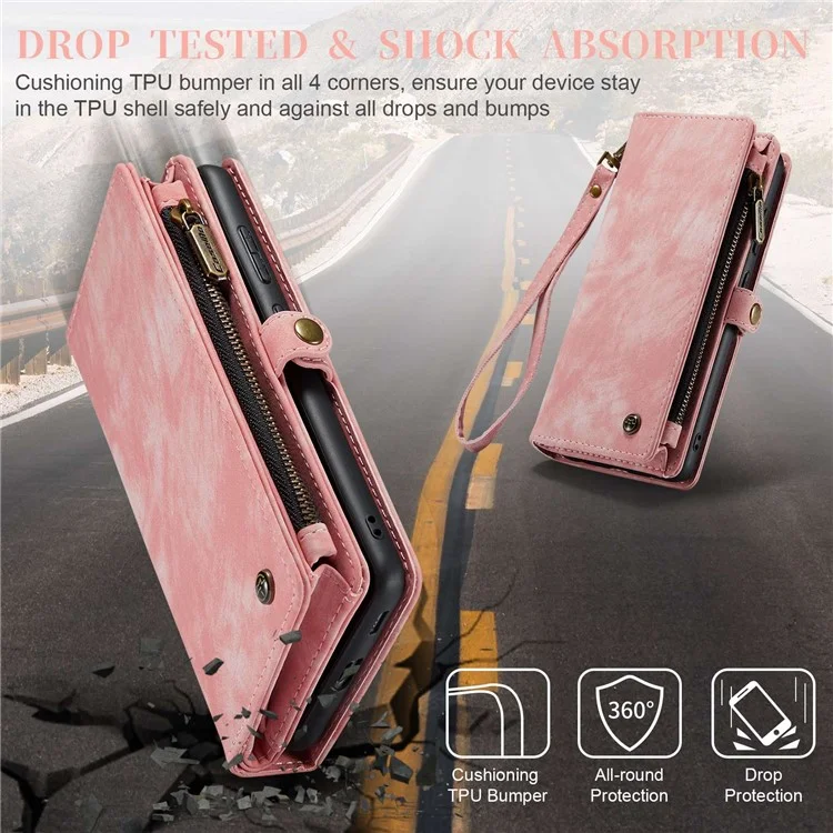 CASEME 008 Series for Samsung Galaxy S22+ 5G PU Leather Detachable 2-in-1 Phone Case Shockproof Anti-fall Wallet Stand Shell - Pink