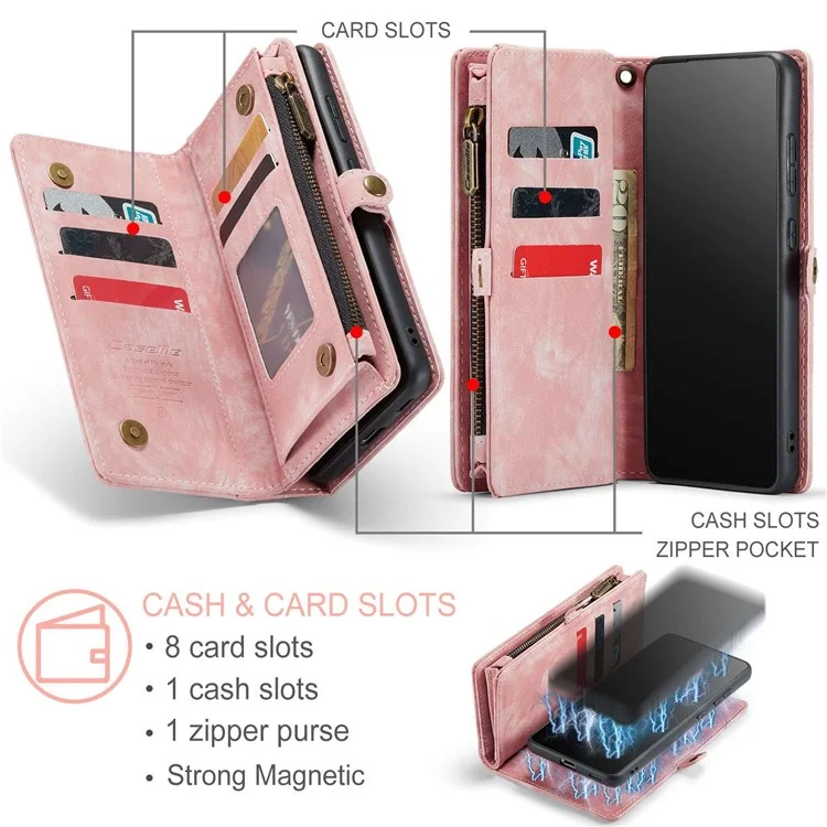 CASEME 008 Series for Samsung Galaxy S22+ 5G PU Leather Detachable 2-in-1 Phone Case Shockproof Anti-fall Wallet Stand Shell - Pink