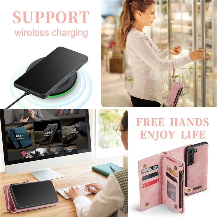 CASEME 008 Series for Samsung Galaxy S22+ 5G PU Leather Detachable 2-in-1 Phone Case Shockproof Anti-fall Wallet Stand Shell - Pink