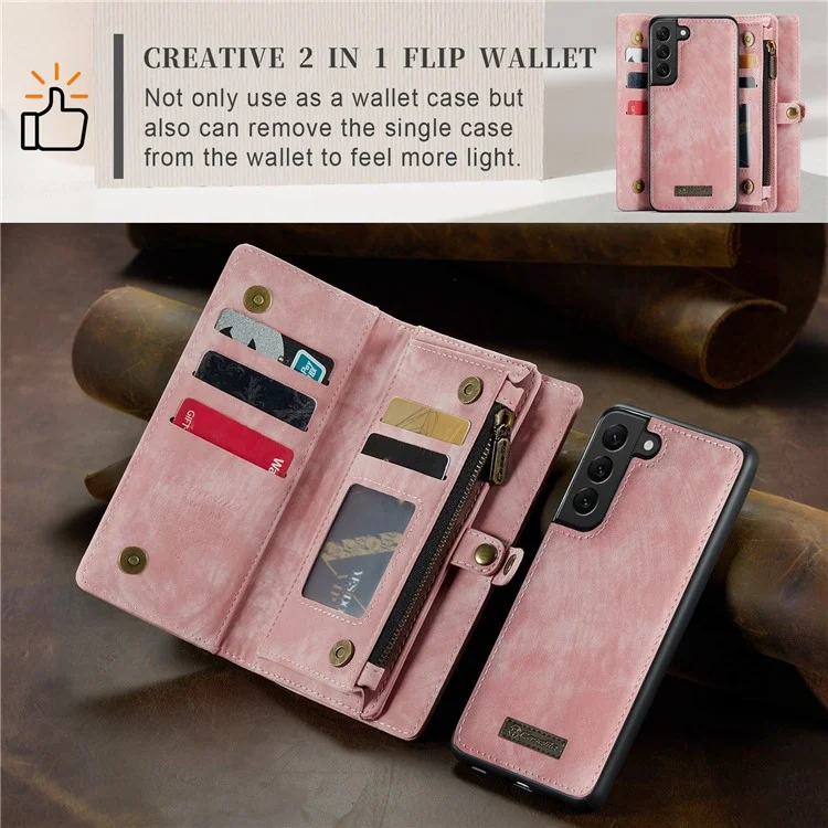 CASEME 008 Series for Samsung Galaxy S22+ 5G PU Leather Detachable 2-in-1 Phone Case Shockproof Anti-fall Wallet Stand Shell - Pink