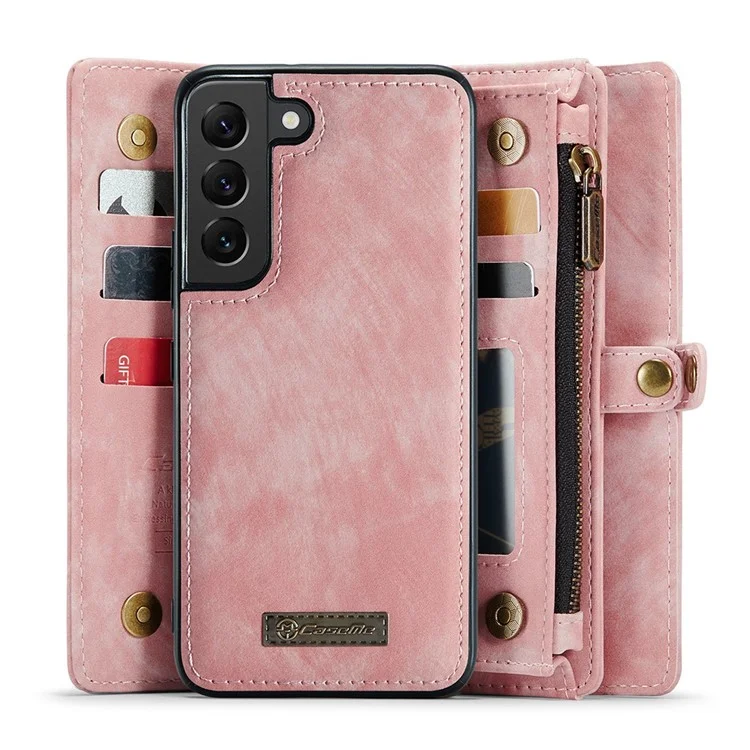 CASEME 008 Series for Samsung Galaxy S22+ 5G PU Leather Detachable 2-in-1 Phone Case Shockproof Anti-fall Wallet Stand Shell - Pink