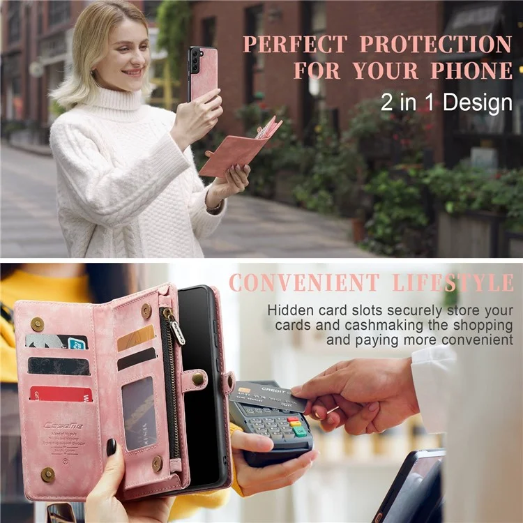 CASEME 008 Series for Samsung Galaxy S22+ 5G PU Leather Detachable 2-in-1 Phone Case Shockproof Anti-fall Wallet Stand Shell - Pink