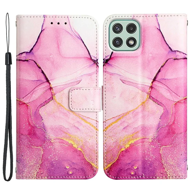 YB Pattern Printing Leather Series-5 für Samsung Galaxy A22 5G (EU-Version) Wallet Stand Phone Case Marble Pattern Protective Cover - Pink Purple Gold LS001