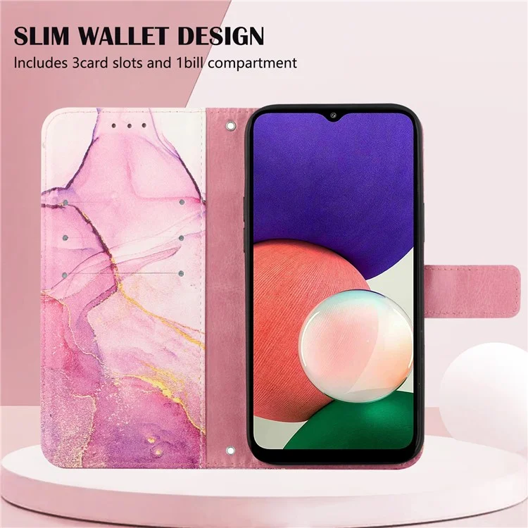 YB Pattern Printing Leather Series-5 für Samsung Galaxy A22 5G (EU-Version) Wallet Stand Phone Case Marble Pattern Protective Cover - Pink Purple Gold LS001