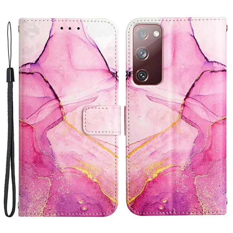 Série de Estampagem em Couro com Padrão YB para Samsung Galaxy S20 FE 2022/S20 FE 4G/S20 FE 5G/S20 Lite/S20 Fan Edition/S20 Fan Edition 5G - Capa Carteira de Celular com Suporte - Rosa, Roxo, Dourado LS001