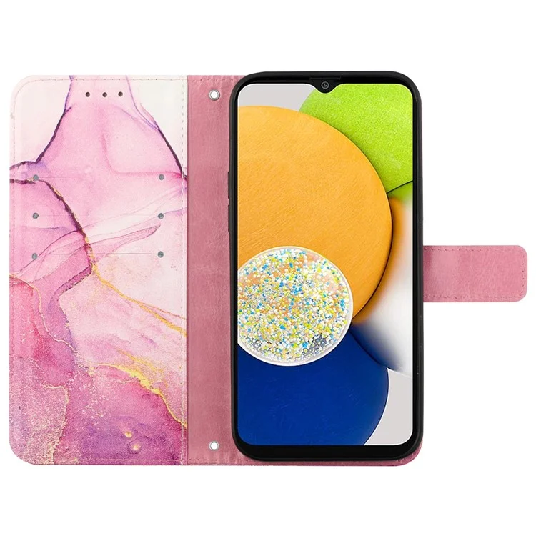 YB Pattern Printing Series-5 for Samsung Galaxy A13 5G / A04s 4G (164.7 x 76.7 x 9.1 mm) Printed Marble Pattern PU Leather Folio Flip Stand Case Wallet Style Magnetic Clasp Shockproof Cover with Strap - Pink Purple Gold LS001