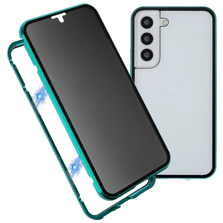 Para Samsung Galaxy S22 5G Anti-peep Magnetic Closure Phone Case Marco de metal + Cubierta de protección de cristal templado completa - Verde