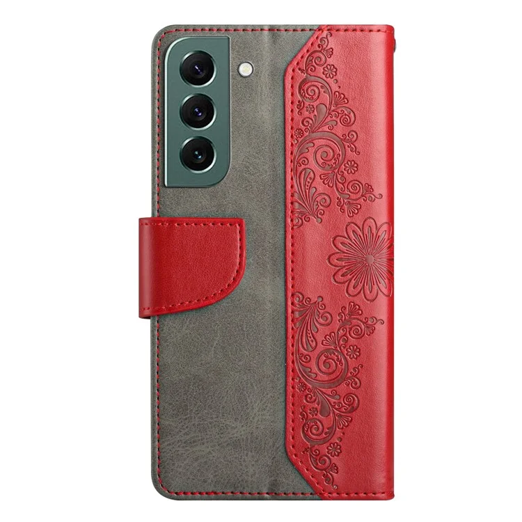 For Samsung Galaxy S22 5G Wallet Stand Function PU Leather Butterfly Flower Imprinted Phone Case - Red