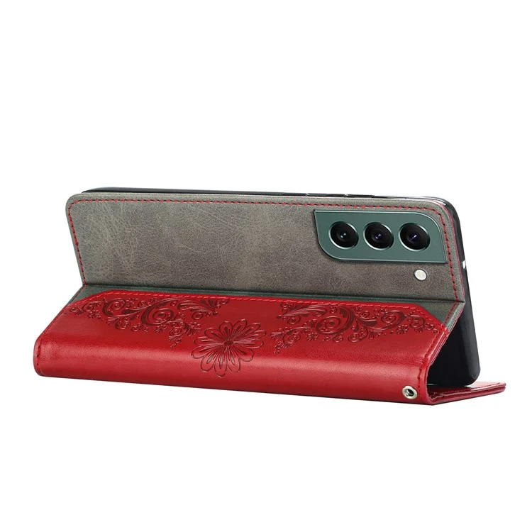 For Samsung Galaxy S22 5G Wallet Stand Function PU Leather Butterfly Flower Imprinted Phone Case - Red