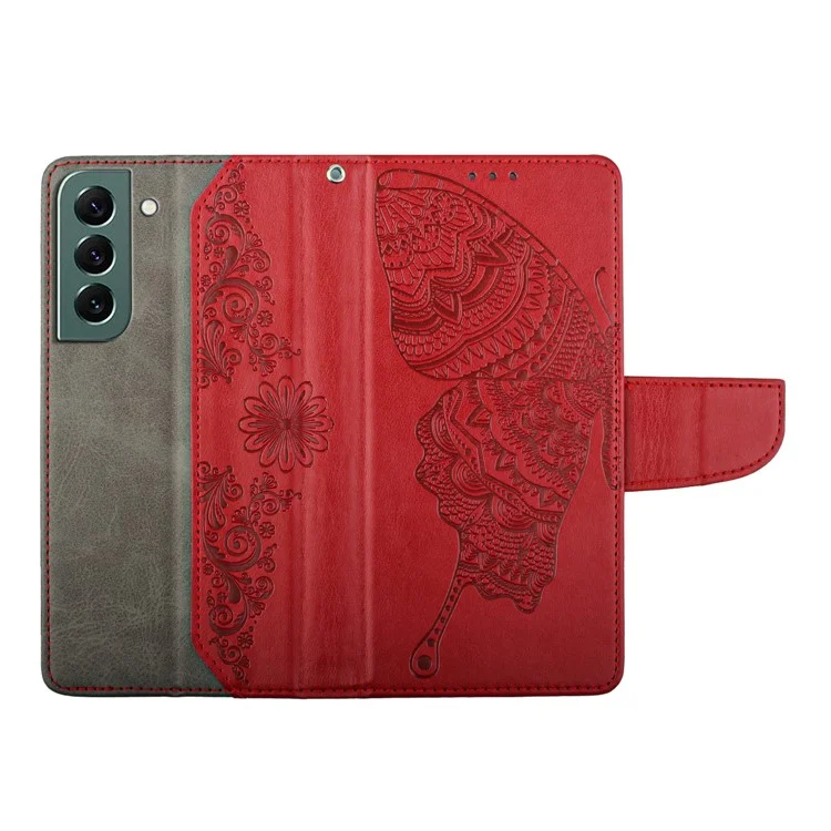 For Samsung Galaxy S22 5G Wallet Stand Function PU Leather Butterfly Flower Imprinted Phone Case - Red