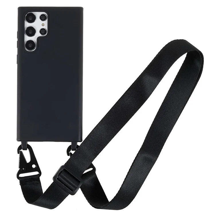 Soft Frosted Surface TPU Phone Cover for Samsung Galaxy S22 Ultra 5G, Anti-Collision Slim Back Case with Wide Strap - Black