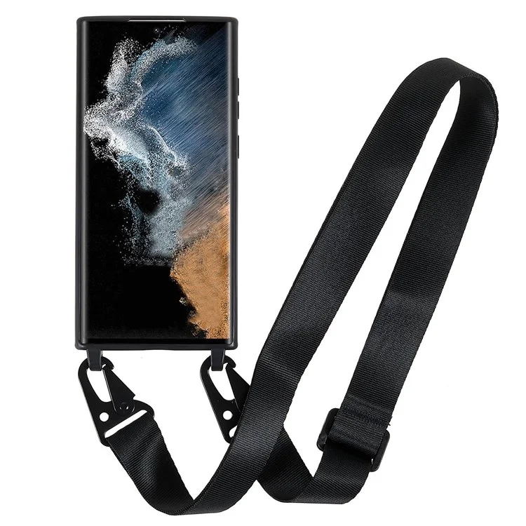 Soft Frosted Surface TPU Phone Cover for Samsung Galaxy S22 Ultra 5G, Anti-Collision Slim Back Case with Wide Strap - Black