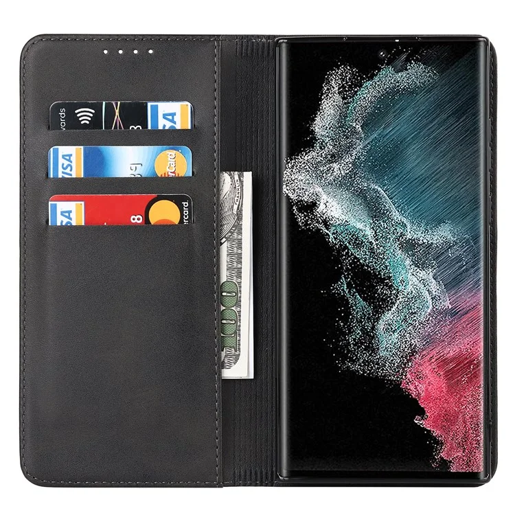 Caso de Couro PU Texturizado Para Samsung Galaxy S22 Ultra 5G, Stand Wallet Design Auto Fechamento Magnético Tampa - Preto