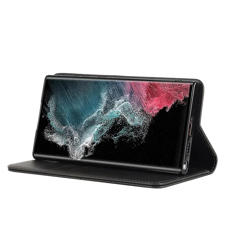 Caso de Couro PU Texturizado Para Samsung Galaxy S22 Ultra 5G, Stand Wallet Design Auto Fechamento Magnético Tampa - Preto