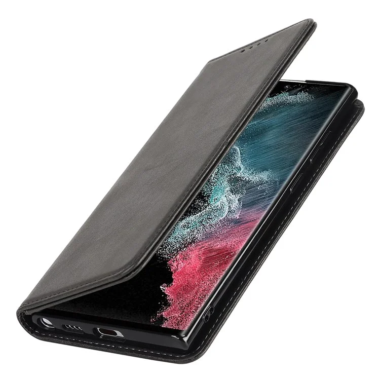 Caso de Couro PU Texturizado Para Samsung Galaxy S22 Ultra 5G, Stand Wallet Design Auto Fechamento Magnético Tampa - Preto