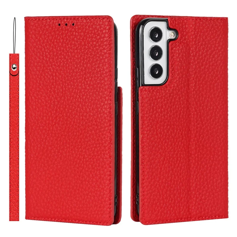 For Samsung Galaxy S22 5G Litchi Texture Genuine Leather Phone Case Wallet Stand Protective Cover with Wrist Strap - Red