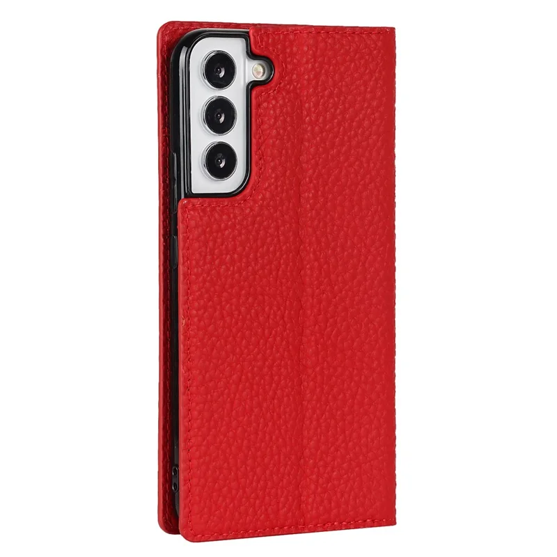 For Samsung Galaxy S22 5G Litchi Texture Genuine Leather Phone Case Wallet Stand Protective Cover with Wrist Strap - Red