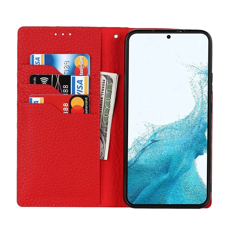 For Samsung Galaxy S22 5G Litchi Texture Genuine Leather Phone Case Wallet Stand Protective Cover with Wrist Strap - Red