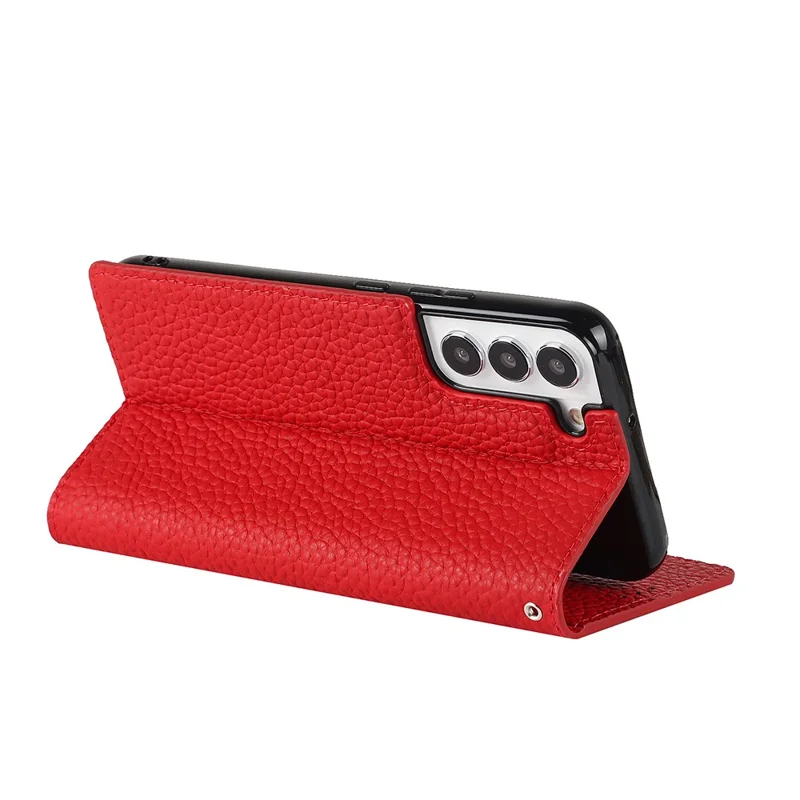 For Samsung Galaxy S22 5G Litchi Texture Genuine Leather Phone Case Wallet Stand Protective Cover with Wrist Strap - Red