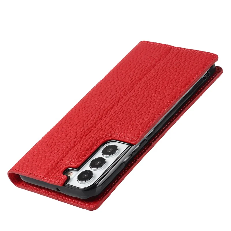 For Samsung Galaxy S22 5G Litchi Texture Genuine Leather Phone Case Wallet Stand Protective Cover with Wrist Strap - Red